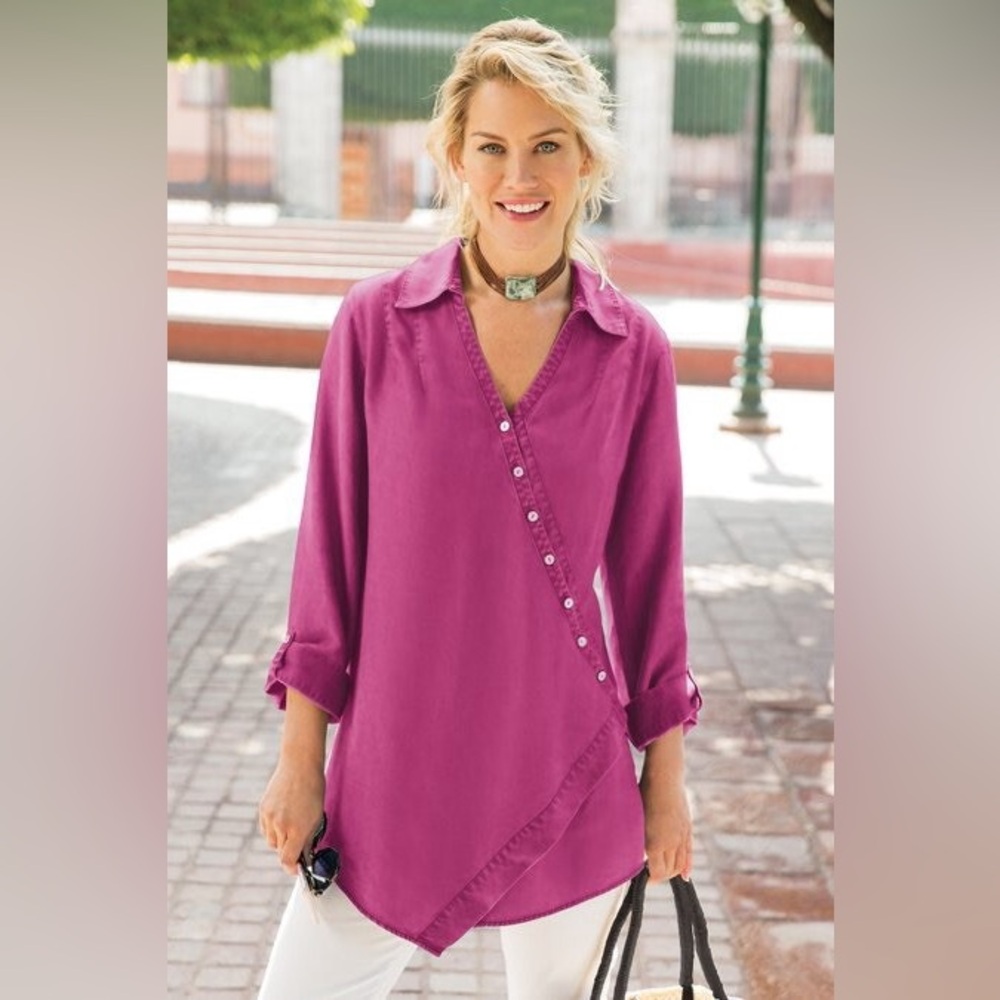 Soft Surroundings Pink Button-Up Wrap Tencel Tunic Top